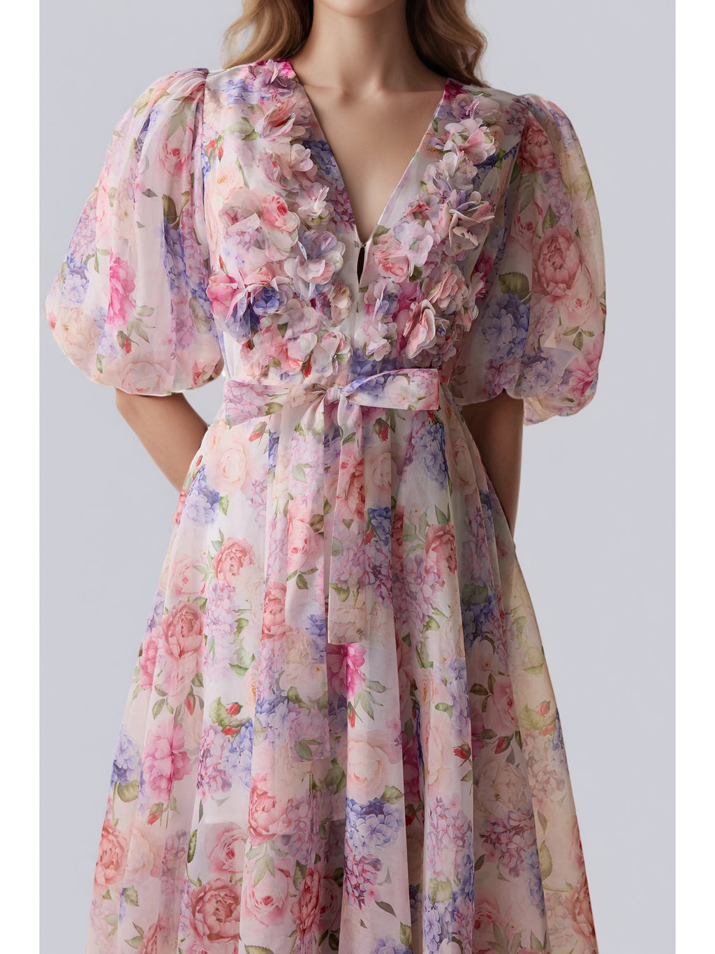 Print V-neck Pleated Long Dress