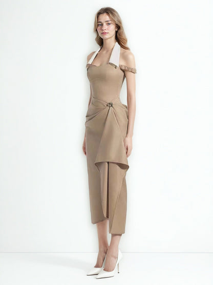 Neck Hanging Color Blocked Long Dress