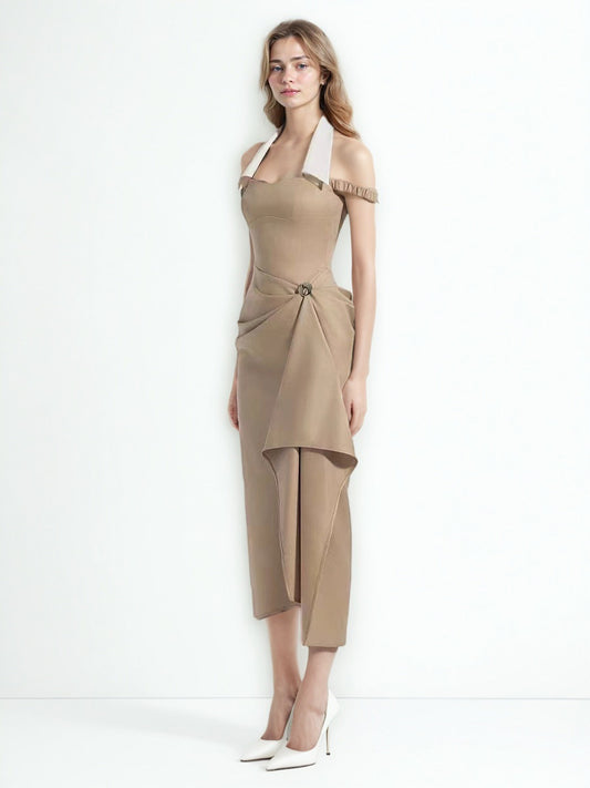 Neck Hanging Color Blocked Long Dress