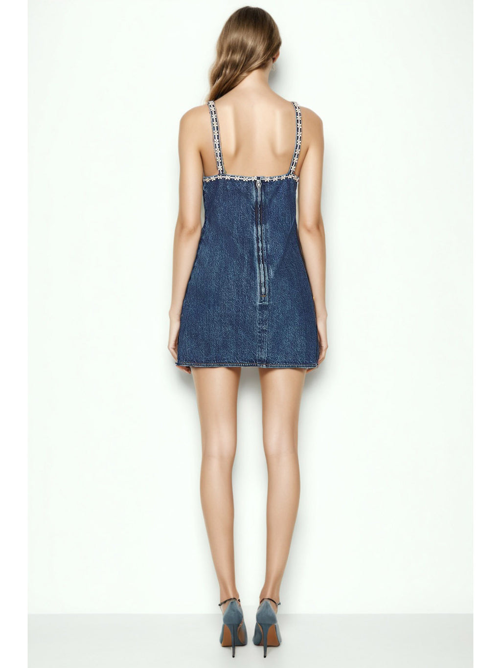 Denim V-neck Patchwork Diamonds Short Dress