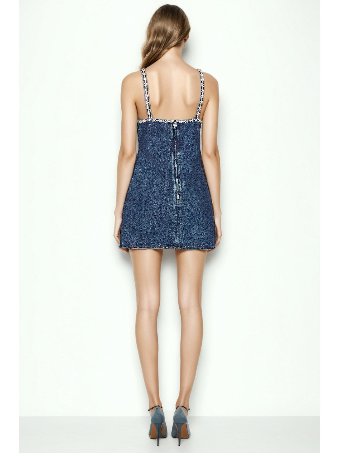 Denim V-neck Patchwork Diamonds Short Dress