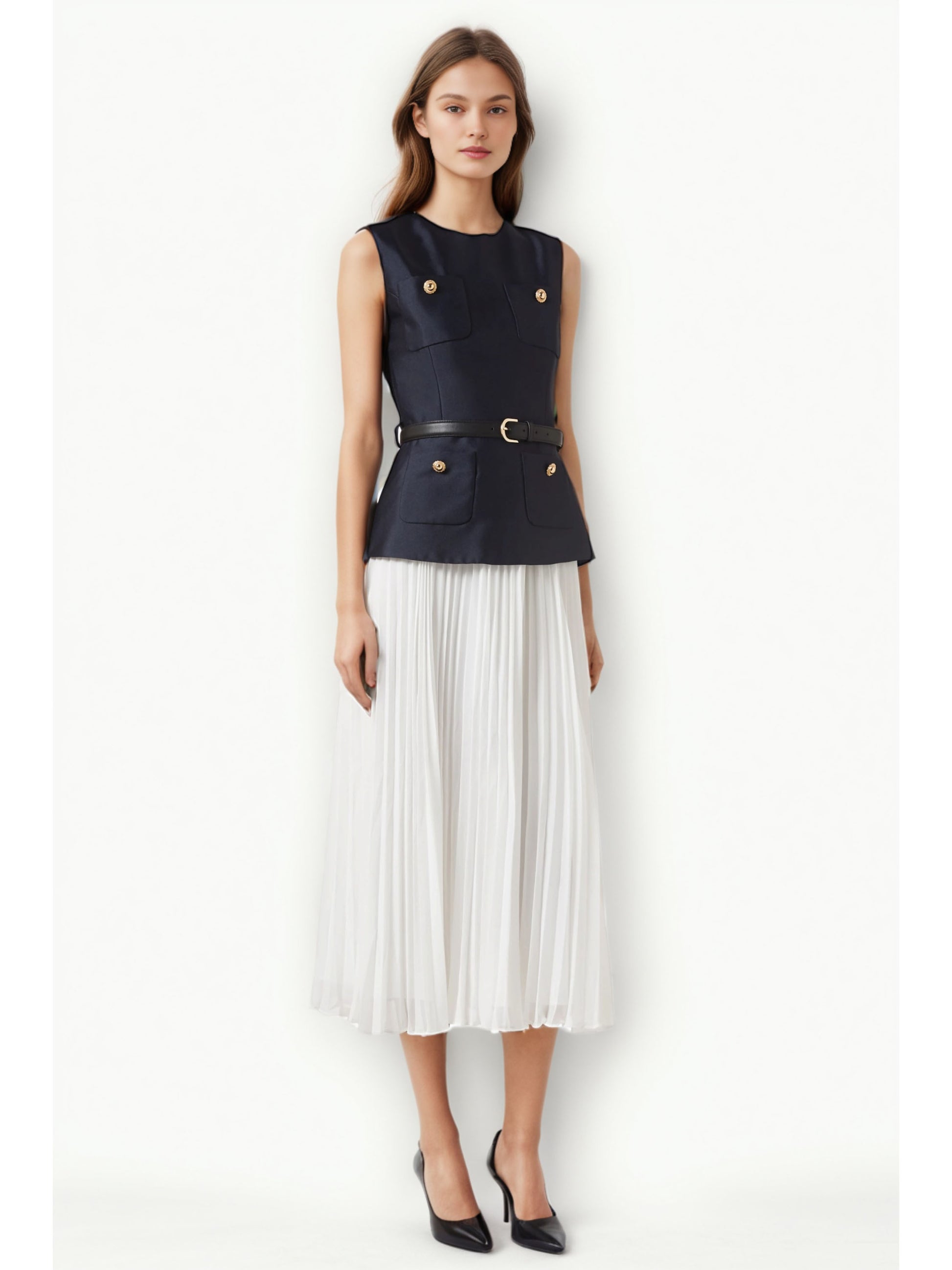 Elegant Hit Color Pleated Long Dress