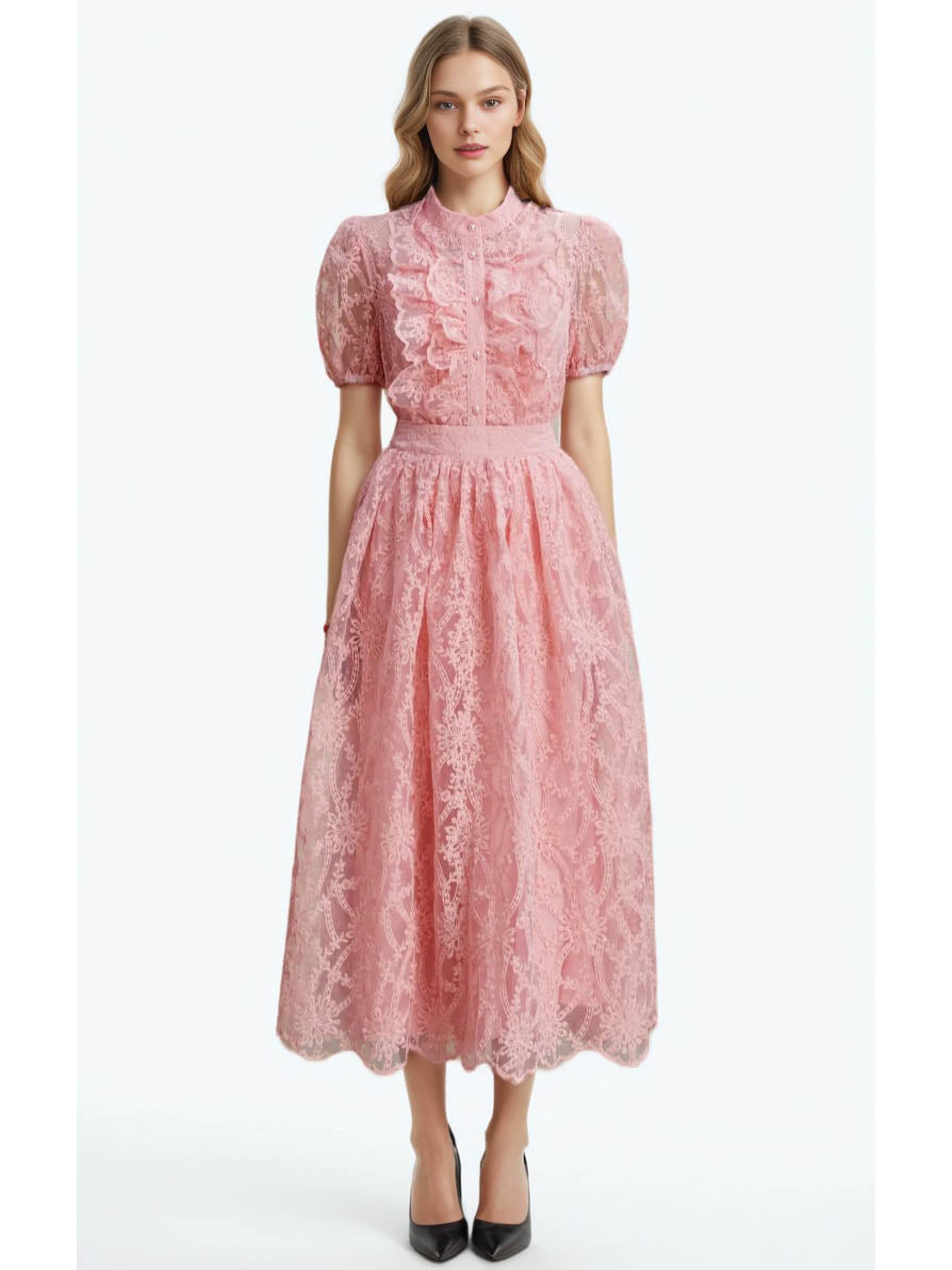 Solid Embroidery Lace Long Dress