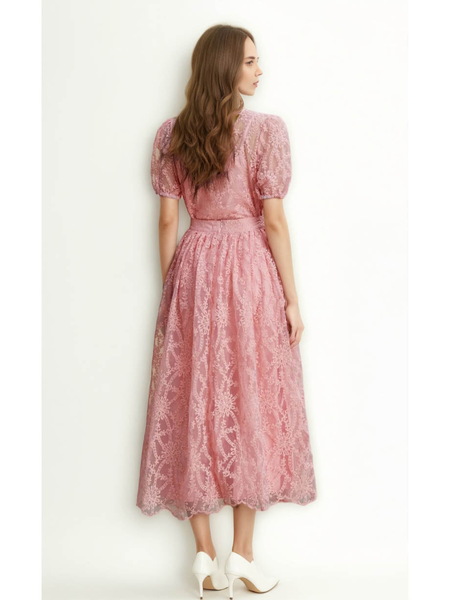 Solid Embroidery Lace Long Dress
