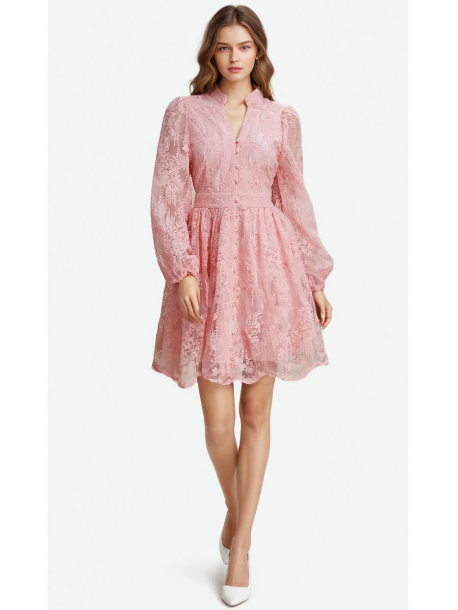 V-neck Solid Patchwork Mesh Short Dress