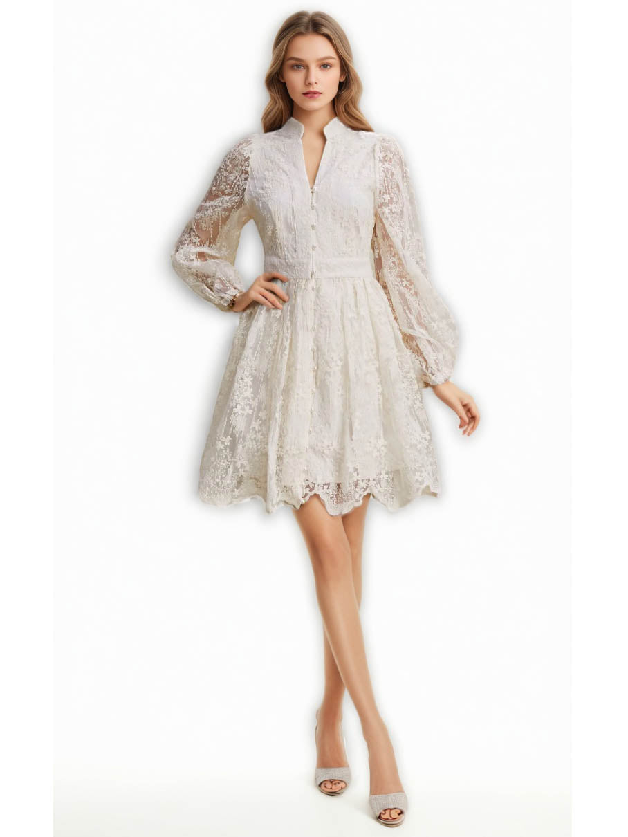 V-neck Solid Patchwork Mesh Short Dress
