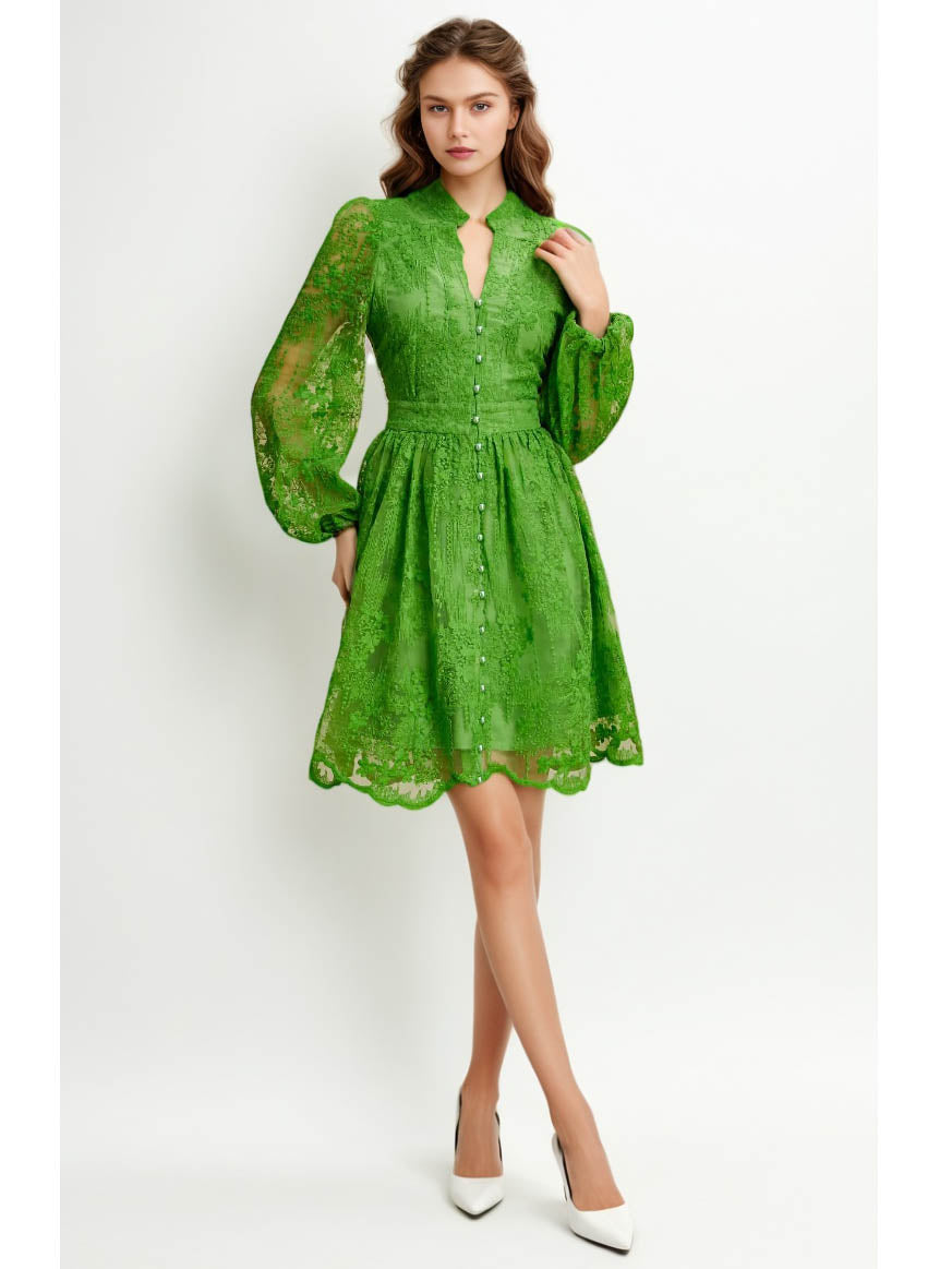V-neck Solid Patchwork Mesh Short Dress