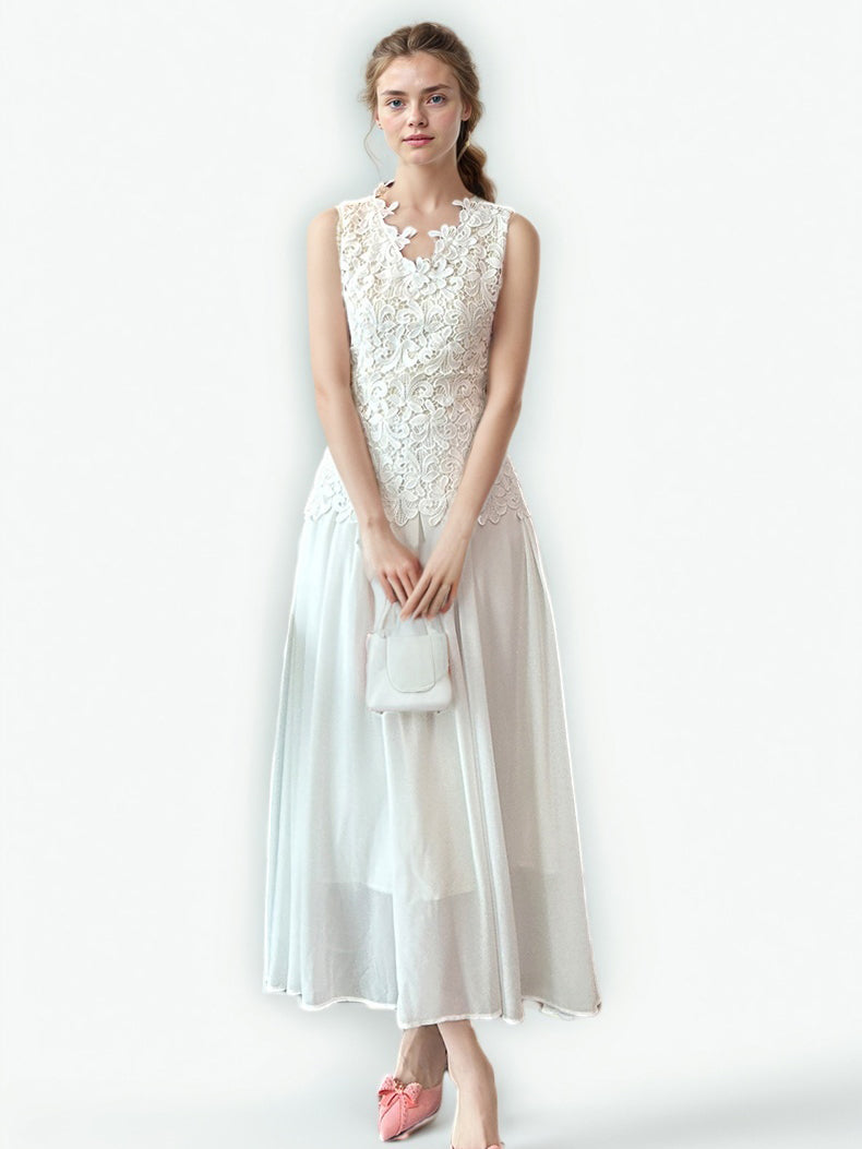 Patchwork Lace Mesh Solid Long Dress