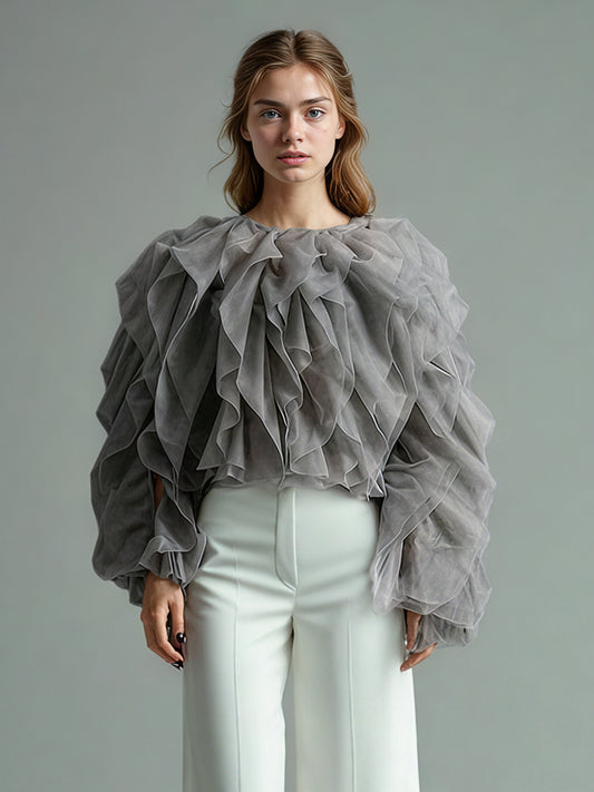 Chic Gray Ruffled Organza Crop Top