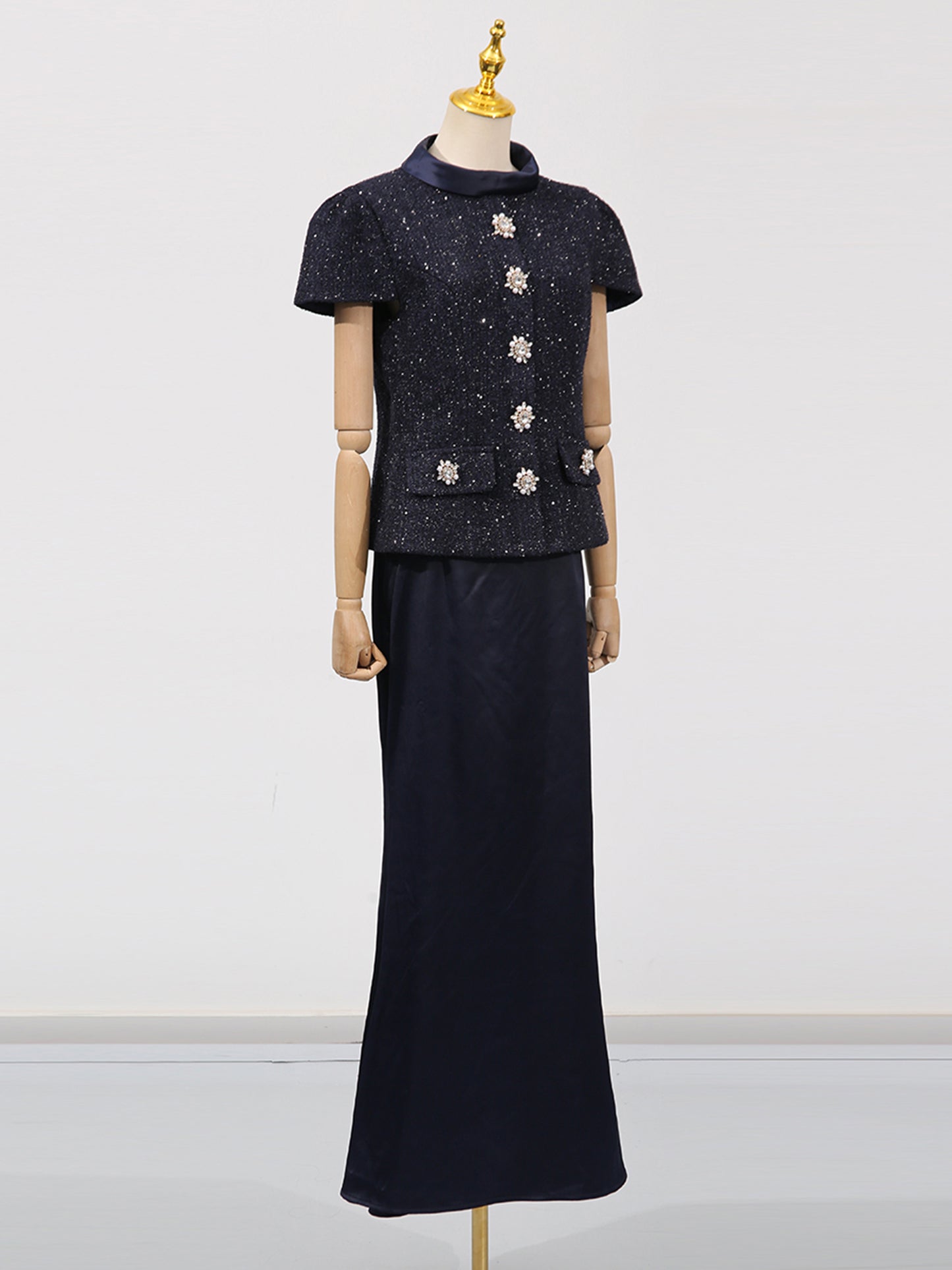 Glamorous Navy Blue Embellished Top and Skirt Set
