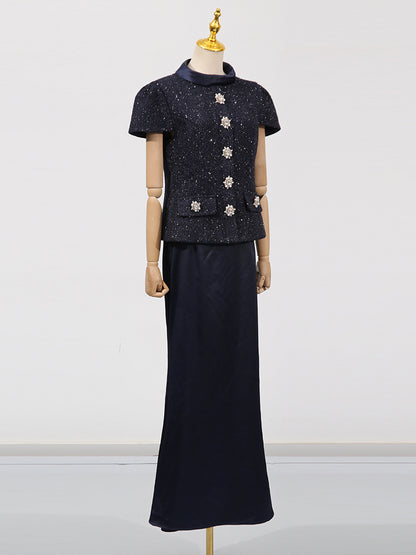 Glamorous Navy Blue Embellished Top and Skirt Set