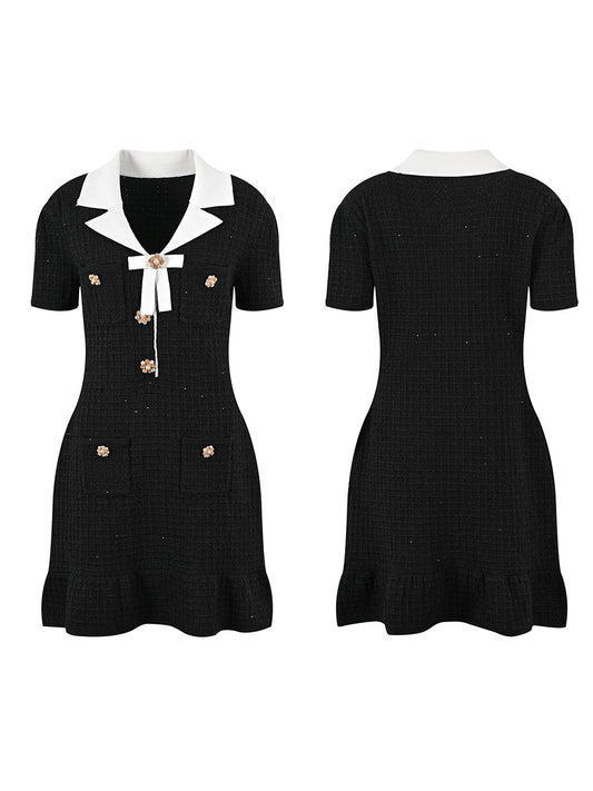 Hit Color V-neck Short Dress