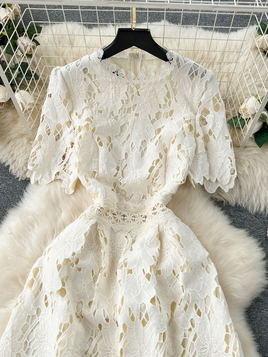 Elegant Solid Hollow Out Midi Dress