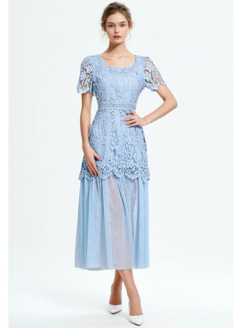 Solid Patchwork Lace Mesh Long Dress