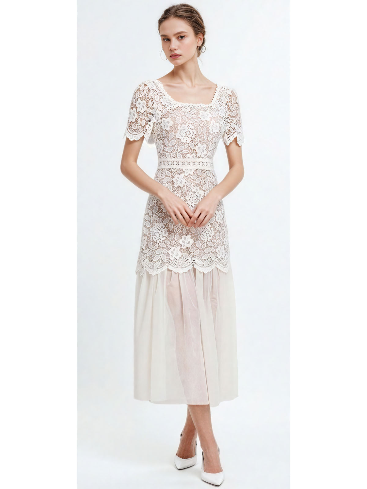 Solid Patchwork Lace Mesh Long Dress