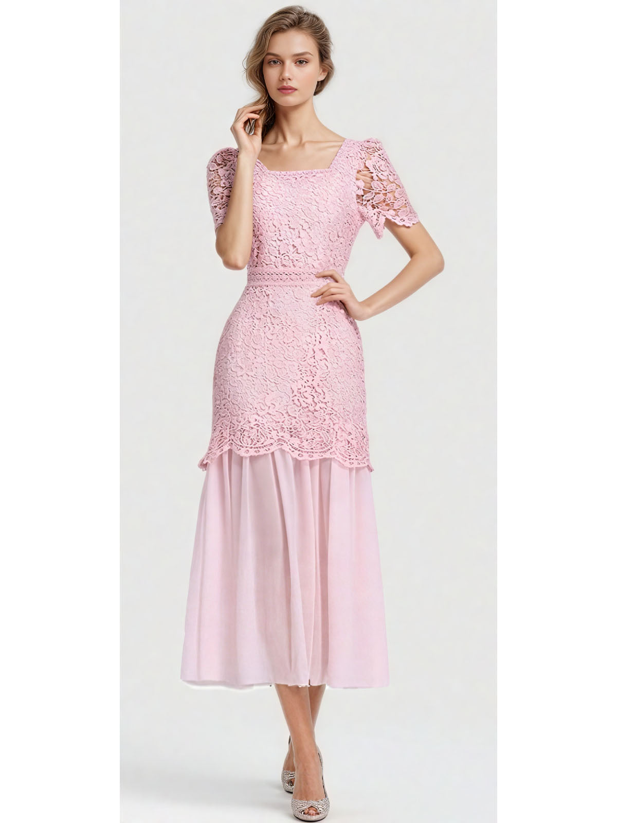 Solid Patchwork Lace Mesh Long Dress