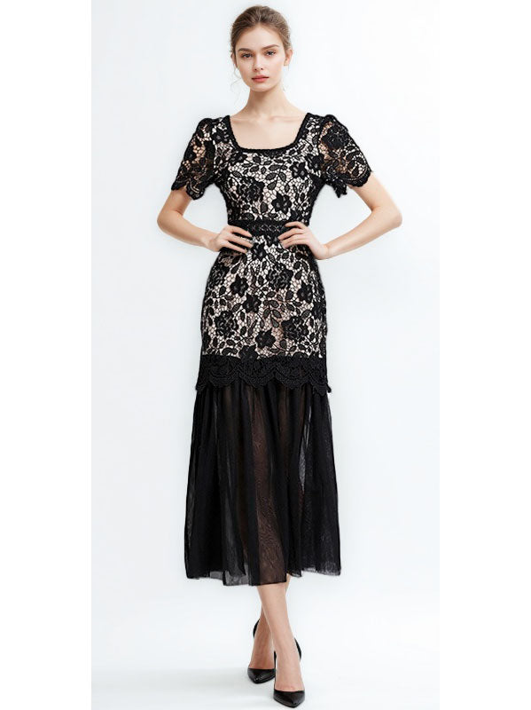 Solid Patchwork Lace Mesh Long Dress