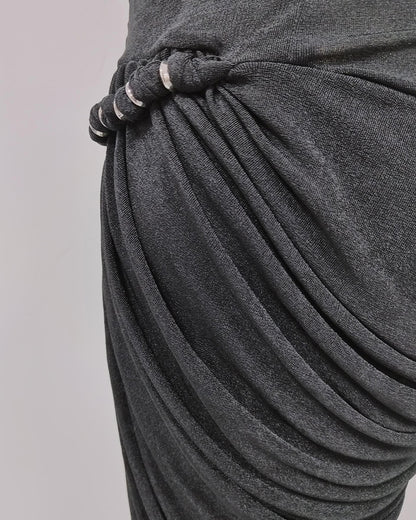 Black Round Neck Ruched Woven Dress