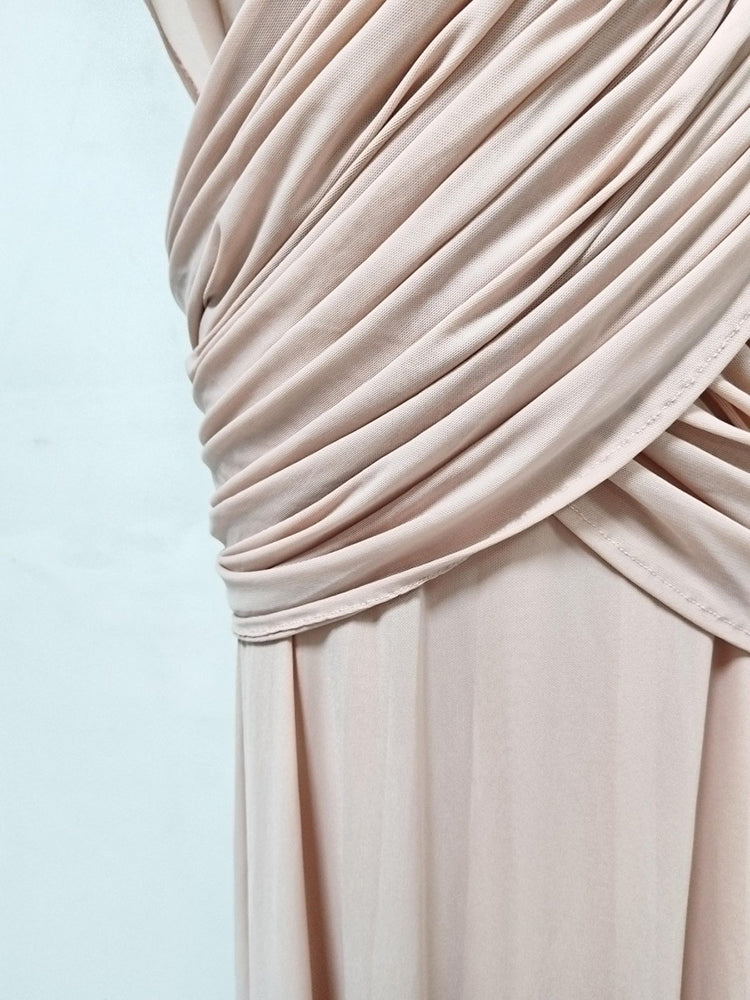 Pink Pleated Chiffon Wrap V-Neck Evening Gown