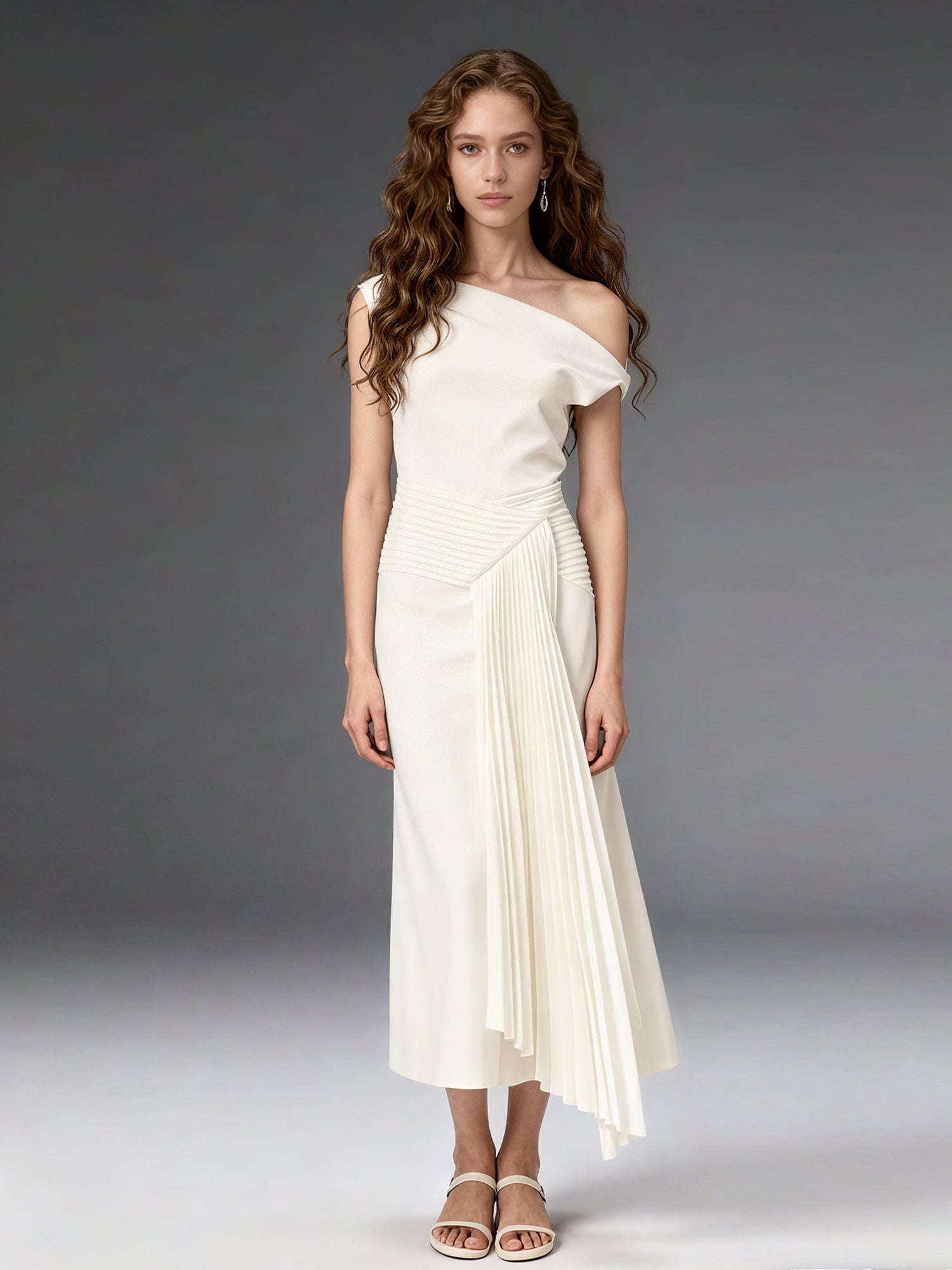 Elegant One - Shoulder Pleated Midi Dress in Cream