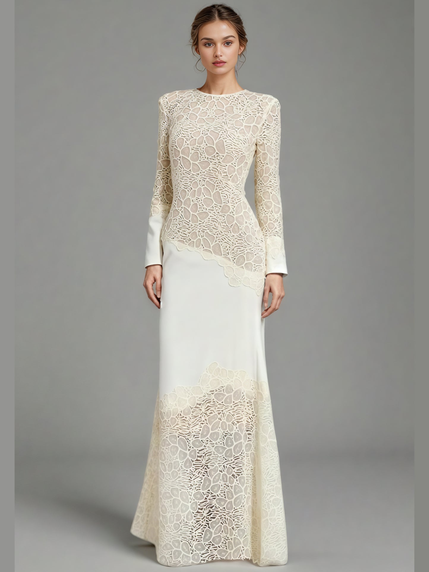 Elegant Cream Lace Long-Sleeve Maxi Dress