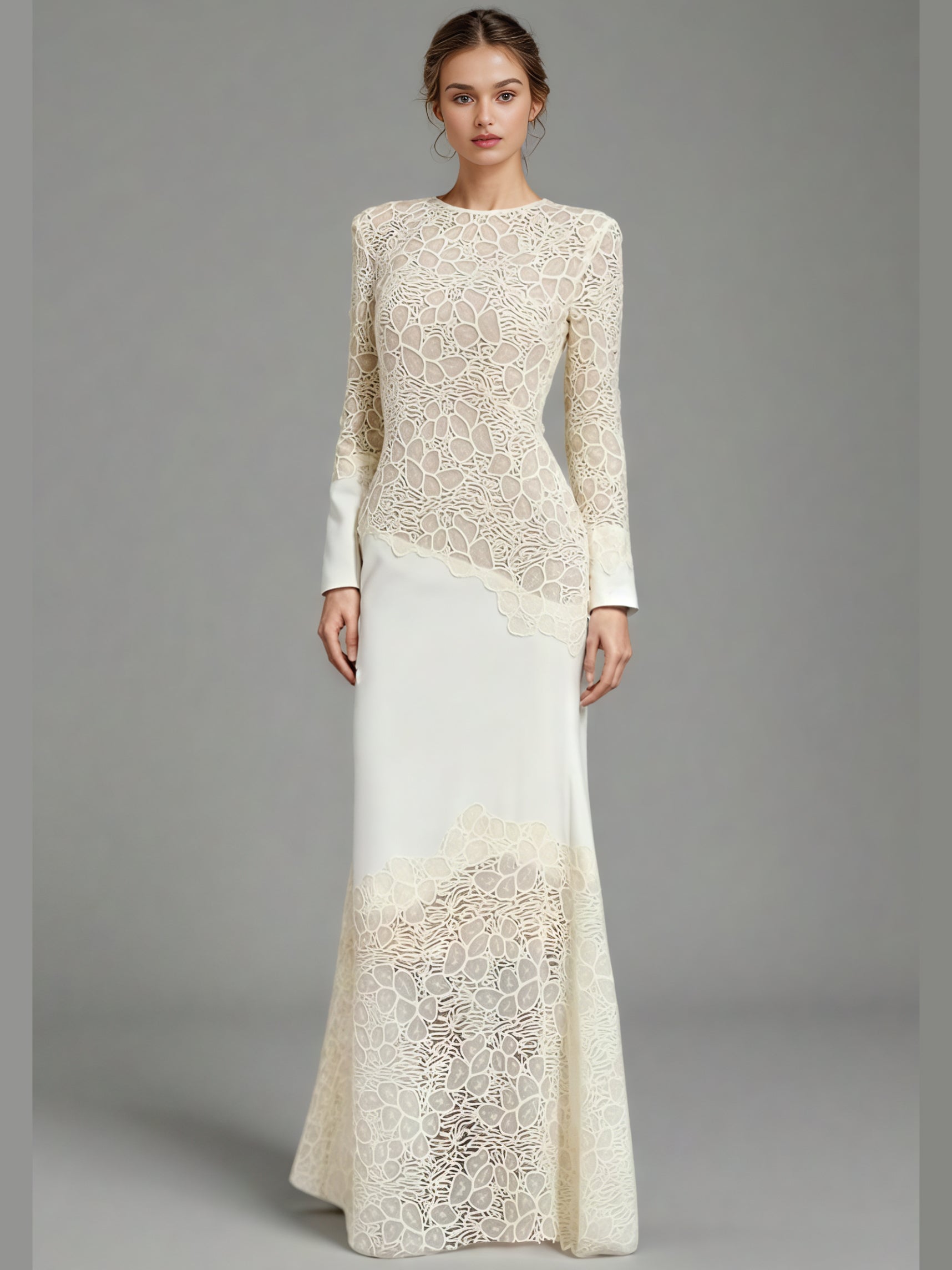 Elegant Cream Lace Long-Sleeve Maxi Dress