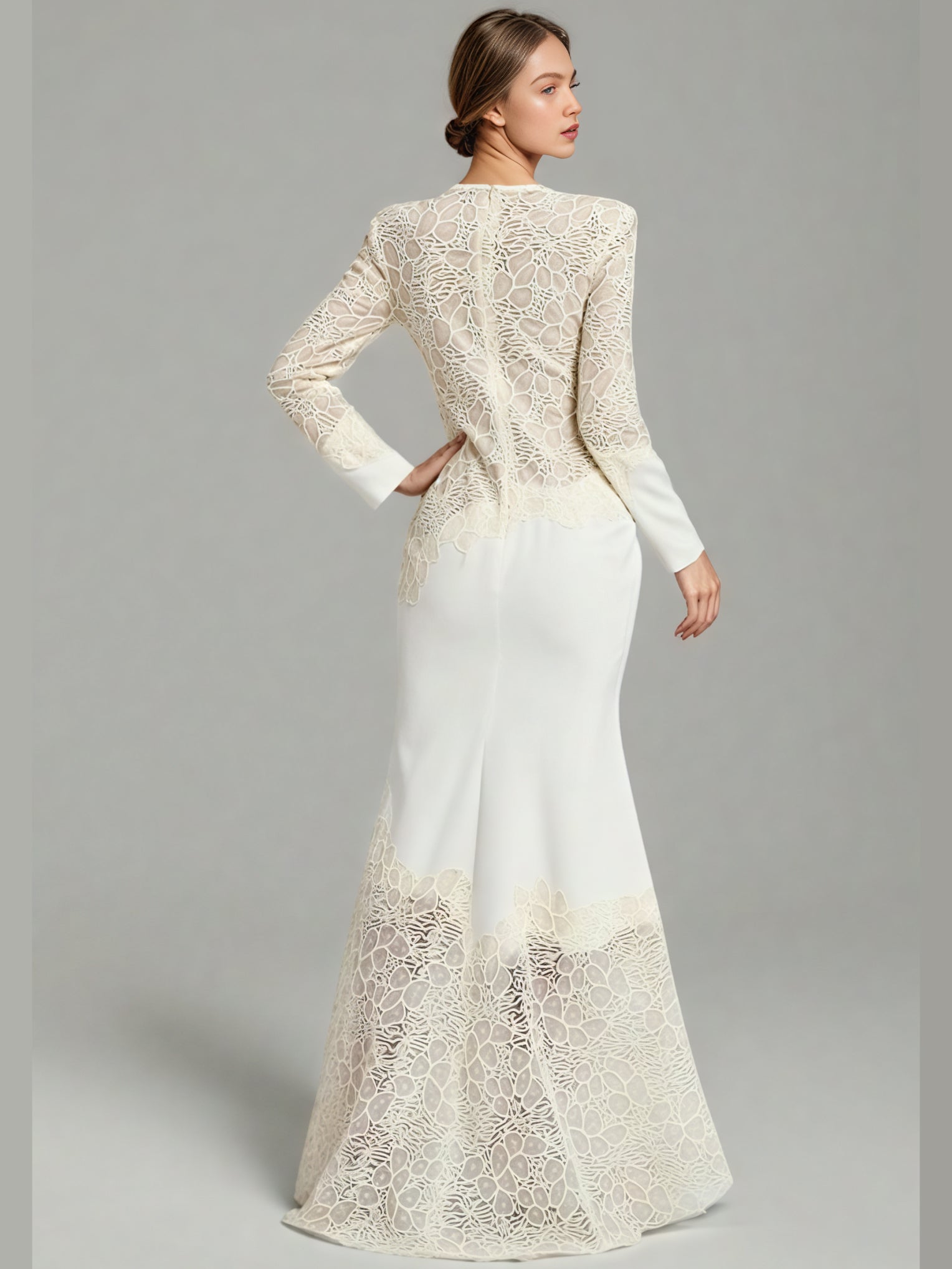 Elegant Cream Lace Long-Sleeve Maxi Dress