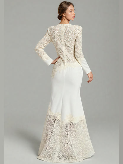 Elegant Cream Lace Long-Sleeve Maxi Dress
