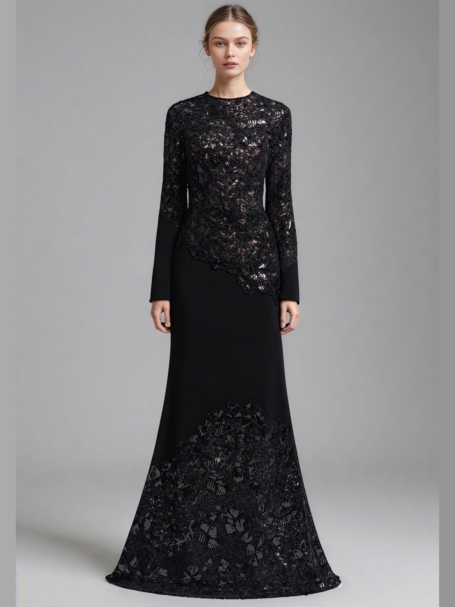 Glamorous Black Lace Embellished Long - Sleeve Maxi Dress