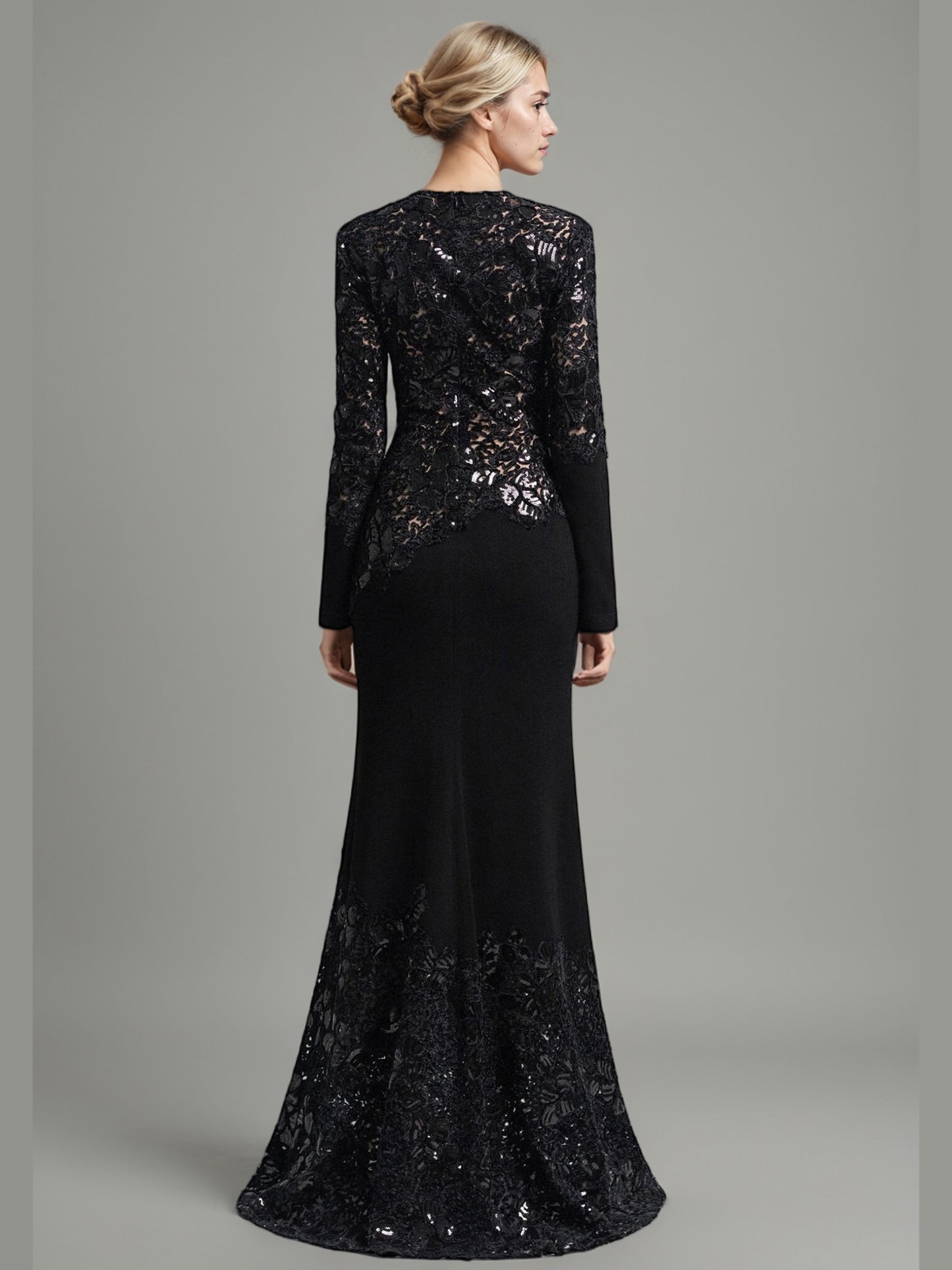 Glamorous Black Lace Embellished Long - Sleeve Maxi Dress