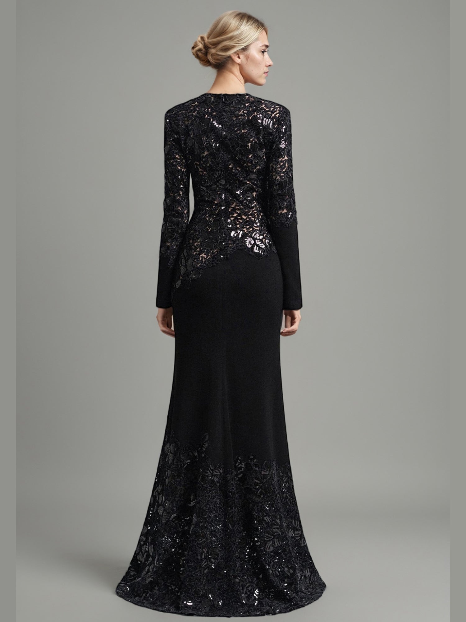 Glamorous Black Lace Embellished Long - Sleeve Maxi Dress