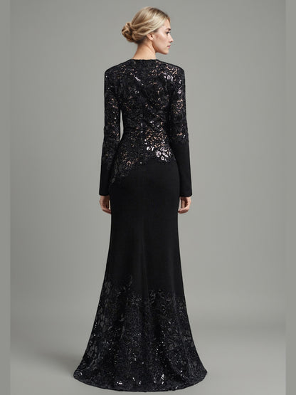 Glamorous Black Lace Embellished Long - Sleeve Maxi Dress