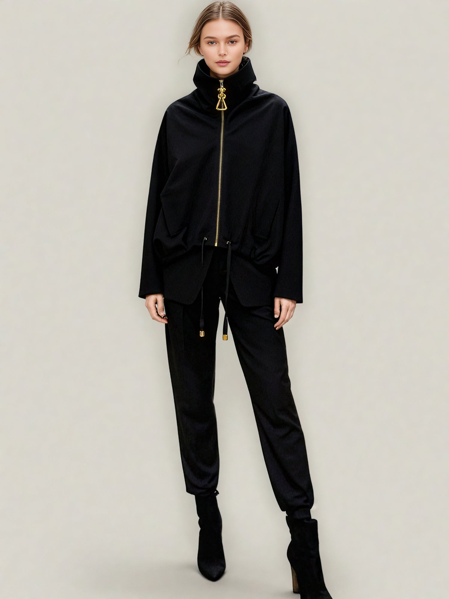 Chic Black Zip - Up Jacket with Gold Hardware