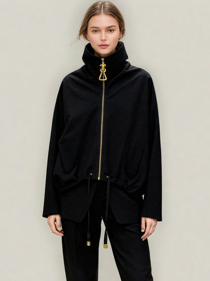 Chic Black Zip - Up Jacket with Gold Hardware