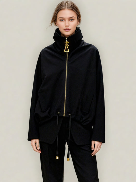 Chic Black Zip - Up Jacket with Gold Hardware