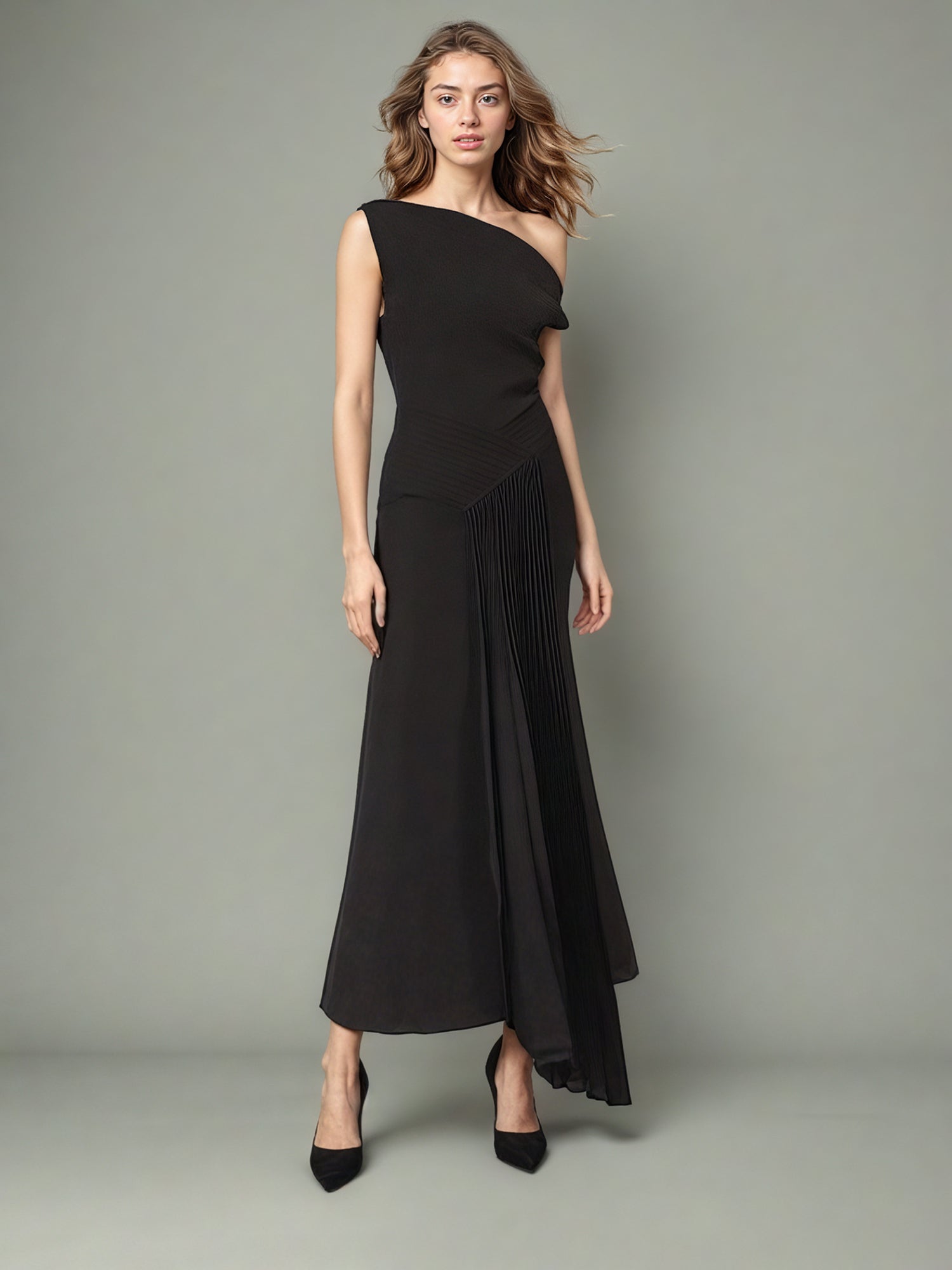 Glamorous One - Shoulder Pleated Black Maxi Dress