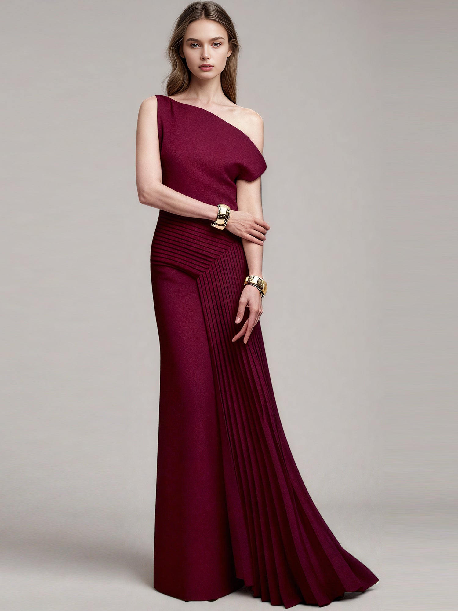 Glamorous One - Shoulder Pleated Burgundy Maxi Dress