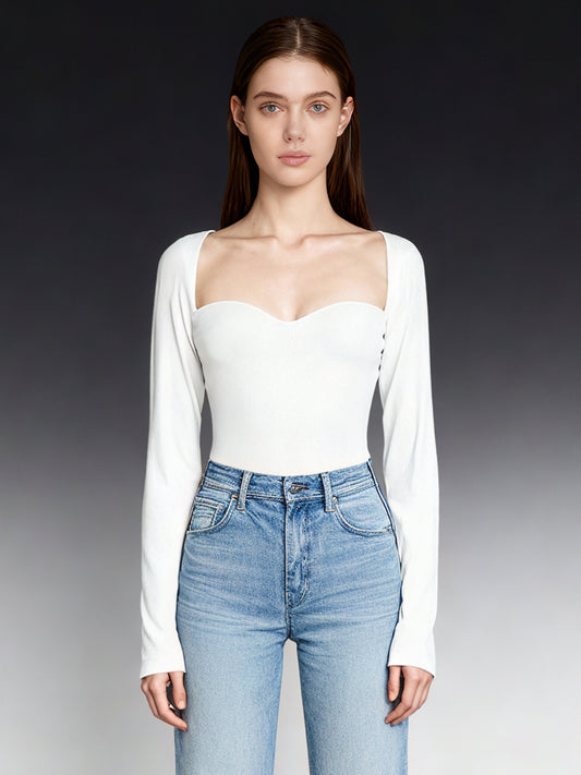 Elegant White Sweetheart Neckline Long - Sleeve Top