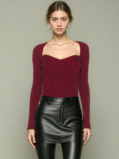 Elegant Burgundy Sweetheart Neckline Long - Sleeve Top