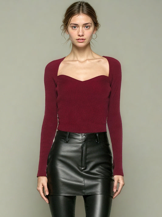 Elegant Burgundy Sweetheart Neckline Long - Sleeve Top