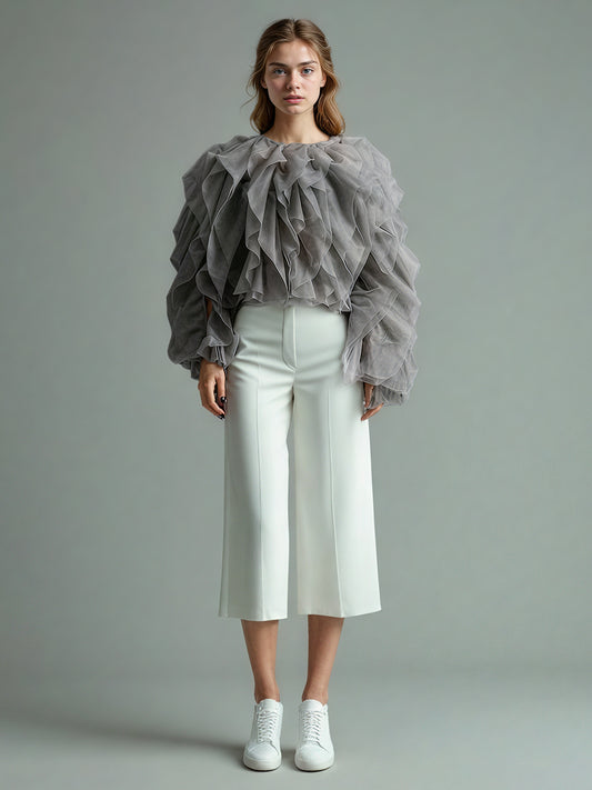 Chic Gray Ruffled Organza Crop Top