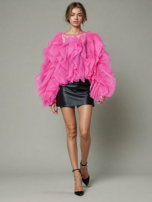 Glamorous Rose Ruffled Organza Crop Top