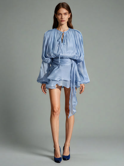 Charming Light Blue Tie - Neck Wrap Mini Dress