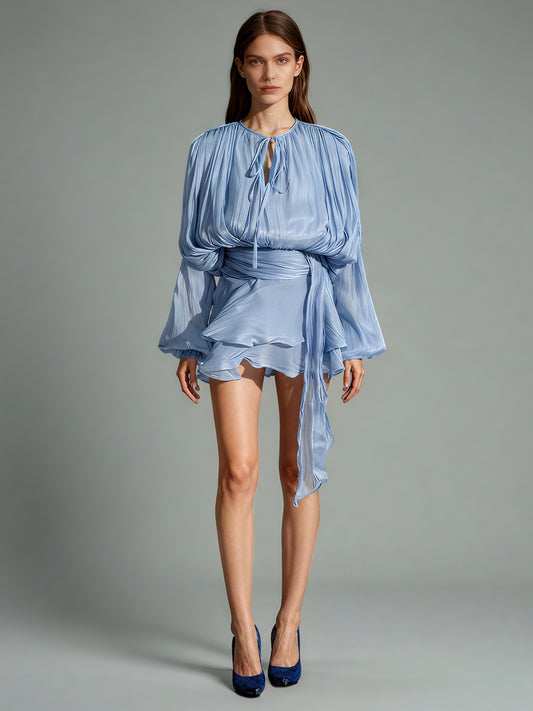 Charming Light Blue Tie - Neck Wrap Mini Dress