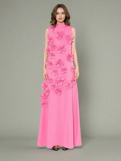 Glamorous Pink Maxi Dress with 3D Floral Appliqués