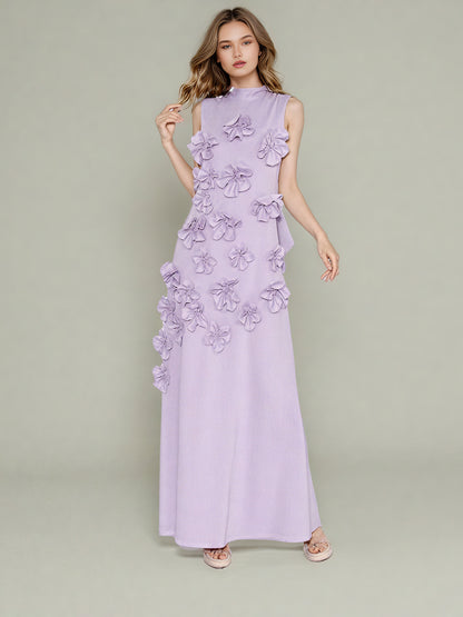 Elegant Lavender Maxi Dress with 3D Floral Appliqués