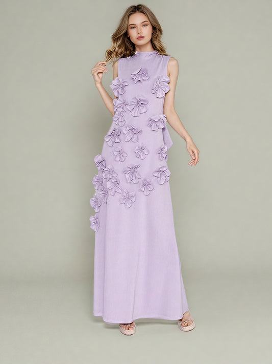 Elegant Lavender Maxi Dress with 3D Floral Appliqués