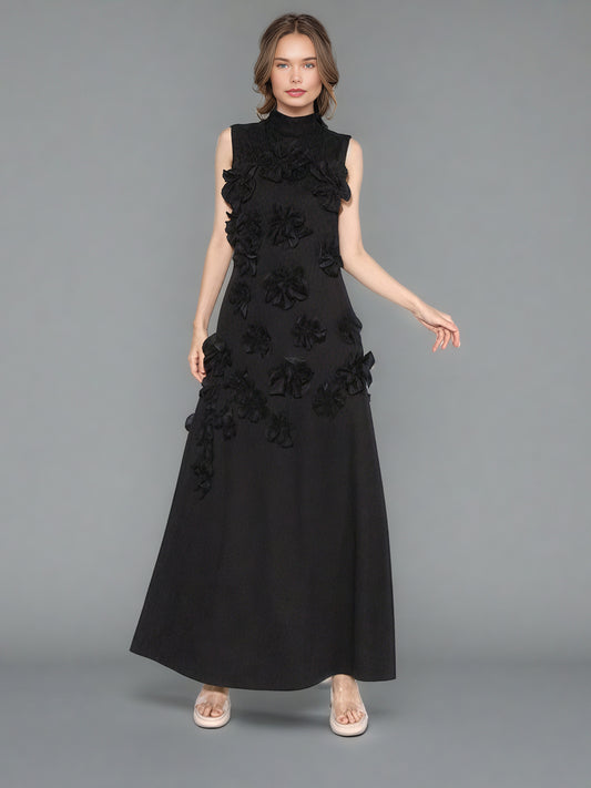 Glamorous Black Maxi Dress with 3D Floral Appliqués