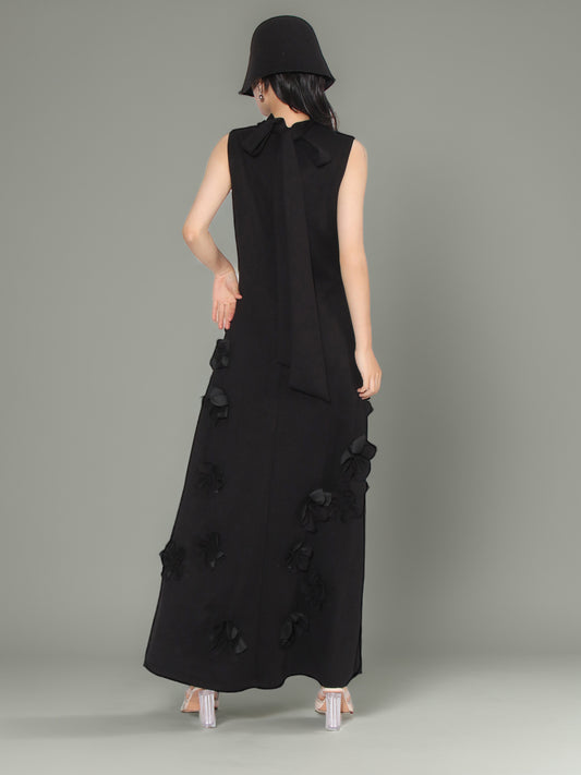 Glamorous Black Maxi Dress with 3D Floral Appliqués
