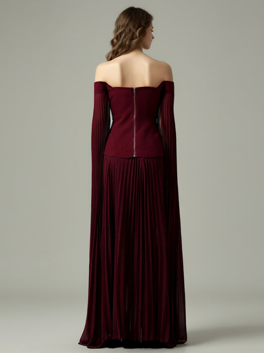Elegant Burgundy Off - the - Shoulder Top and Pleated Skirt Set